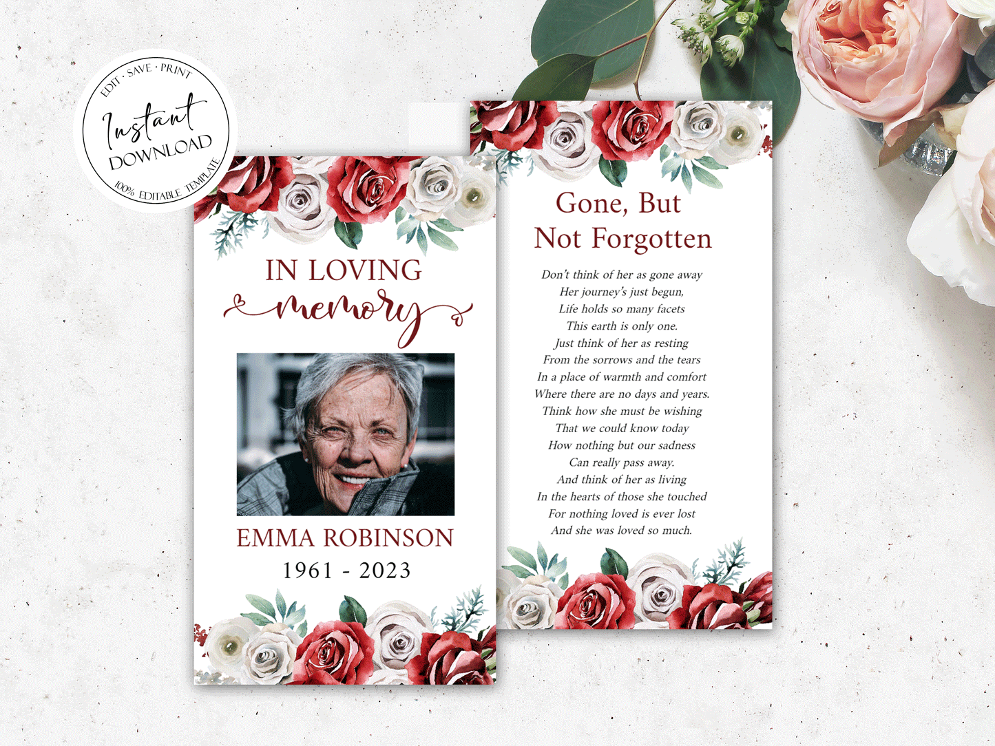 Burgundy Funeral Prayer Cards, Printable Red Roses Memorial Prayer Card Template, Red Roses Funeral Prayer Card, Catholic Prayer Cards, R2