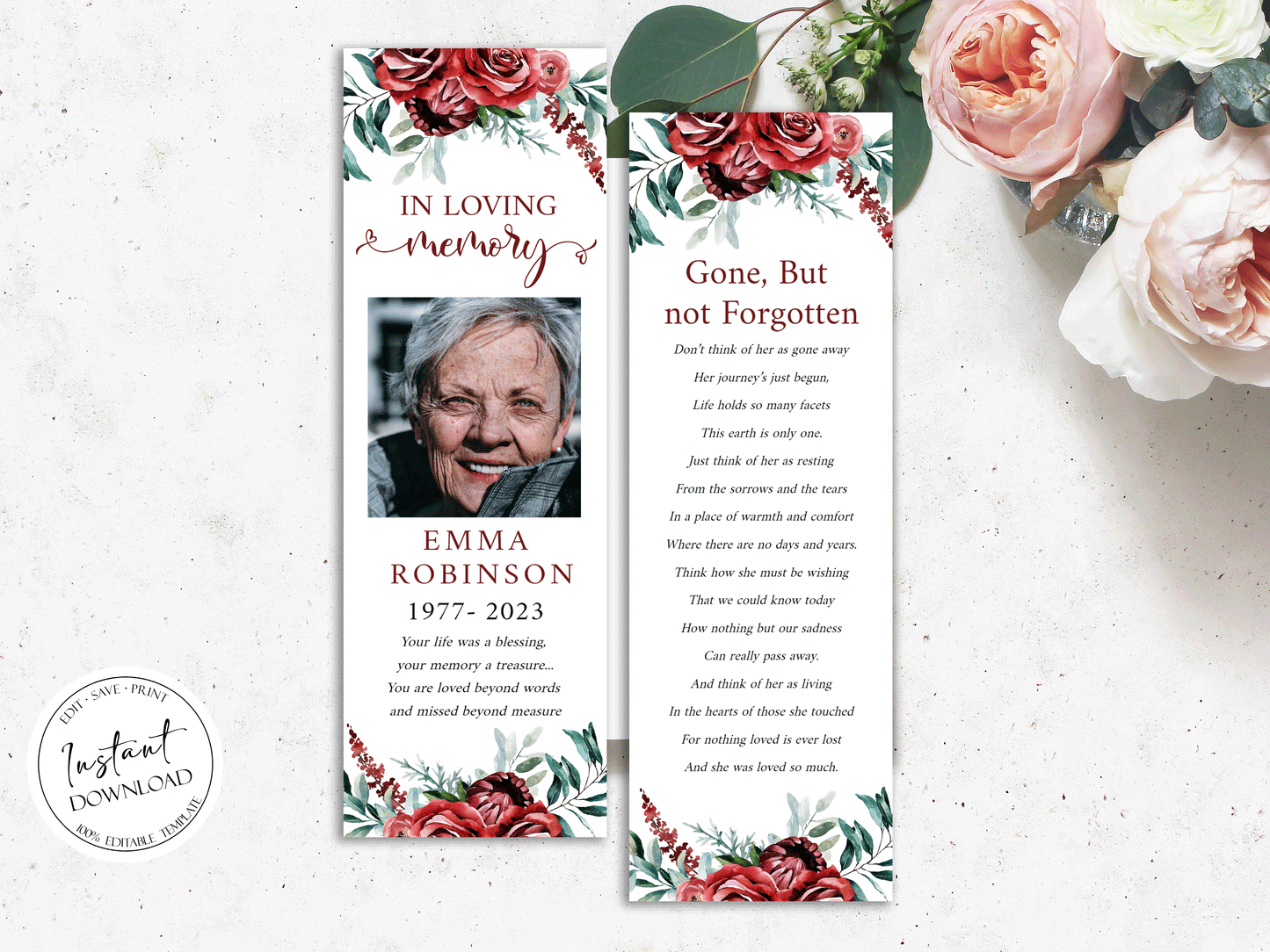 Red Roses Funeral Bookmark Template, Celebration of Life Bookmark, Funeral Keepsake Cards, Burgundy Memorial Bookmark, Obituary Bookmark R2
