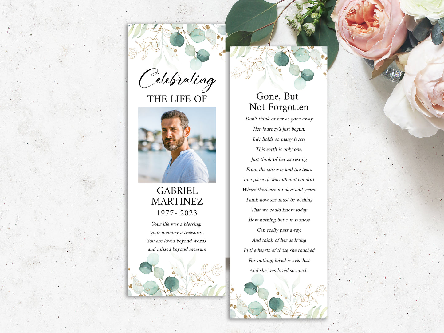 Celebration of Life Watercolor Greenery Gold Funeral Bookmark Template, Funeral Keepsake Cards, Greenery Memorial Bookmark, Obituary Bookmark G1