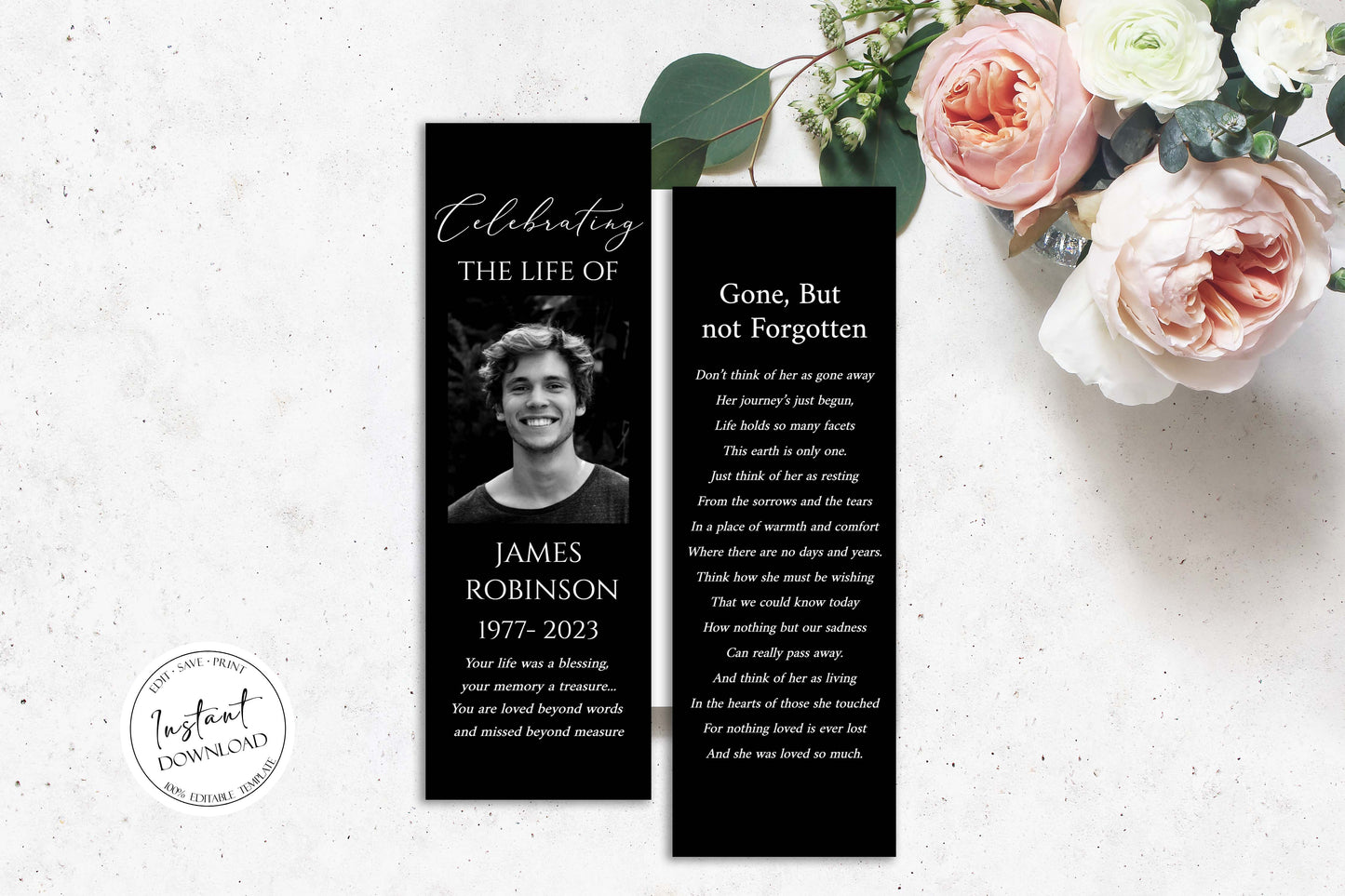 Celebration of Life Minimalist Elegant Black Funeral Bookmark Template, Minimalist Elegant Black Memorial Bookmark Black Obituary Bookmark B4