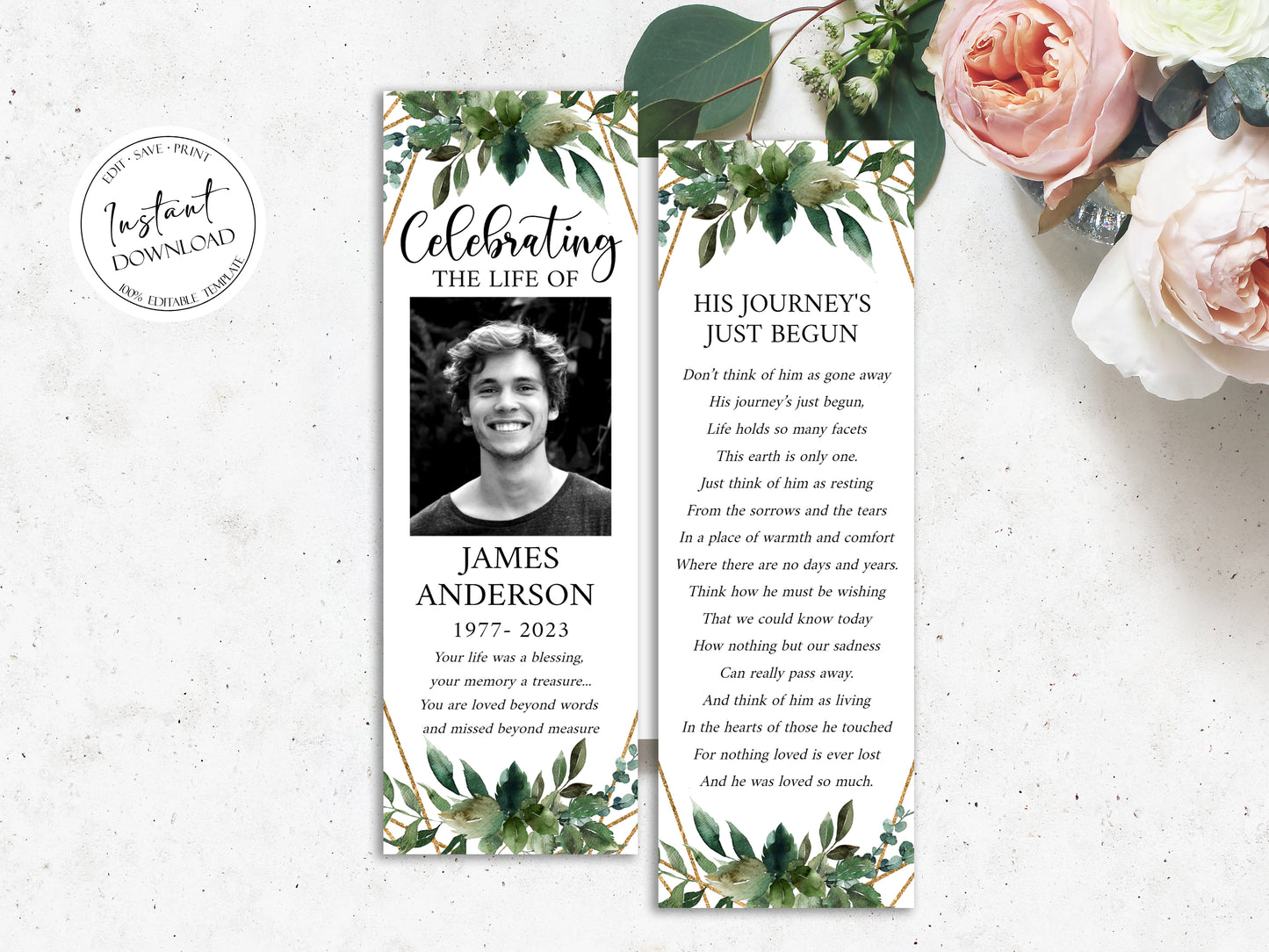 Celebration of life Watercolor Greenery Gold Funeral Bookmark Template, Celebration of Life Bookmark, Funeral Keepsake Cards, Greenery Memorial Bookmark, Obituary Bookmark Q1