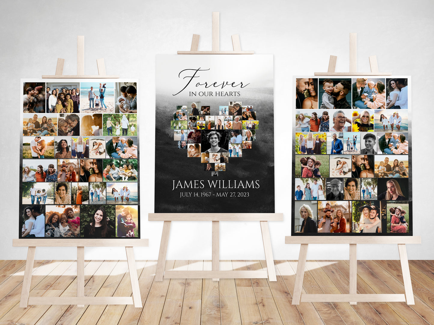 Forever in our Hearts Black Watercolor Heart Photo Collage Funeral Welcome Sign Set Template, Forever in our Hearts Memorial Photo Display Set B6