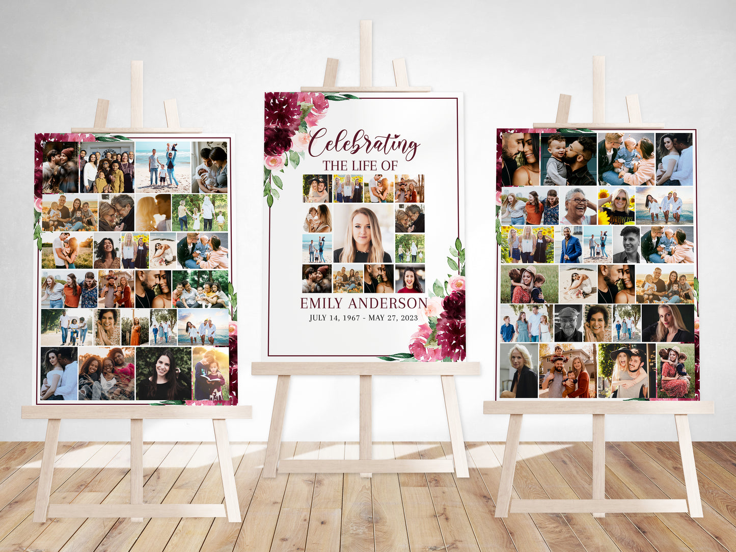 Celebration Of Life Burgundy Red Roses Photo Collage Funeral Welcome Sign Set Templates, Memorial Sign, Burgundy Red Roses Funeral Poster Photo Display Set