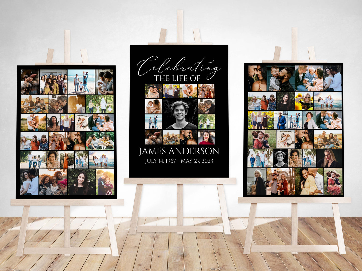 Celebration Of Life Minimalist Elegant Black Photo Collage Funeral Welcome Sign Set Templates, Black Photo Memorial Sign Funeral Poster Photo Display Set