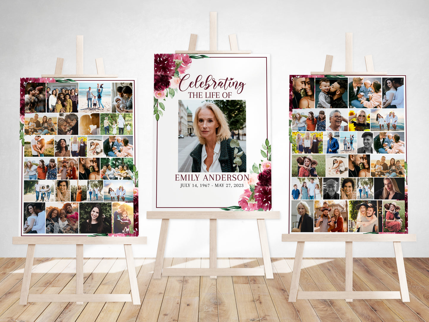 Celebration Of Life Burgundy Red Roses Photo Collage Funeral Welcome Sign Set Templates, Photo Memorial Sign, Burgundy Funeral Poster Photo Display Set R3