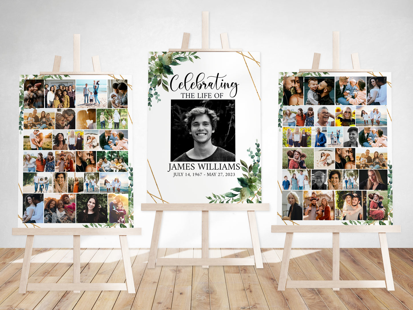 Celebration Of Life Watercolor Greenery Gold Photo Collage Funeral Welcome Sign Templates Q1