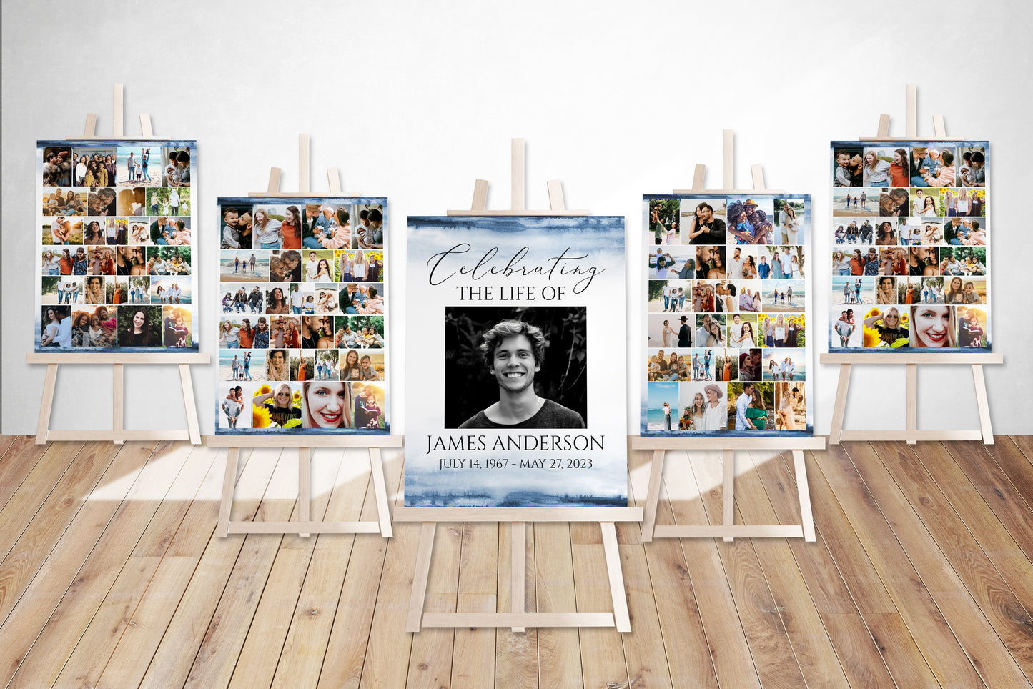 Celebration Of Life Blue Watercolor Funeral Poster, Editable 5 Photo Collage Funeral Welcome Signs, Blue Watercolor Memorial Sign Funeral Poster Photo Display Set of 5