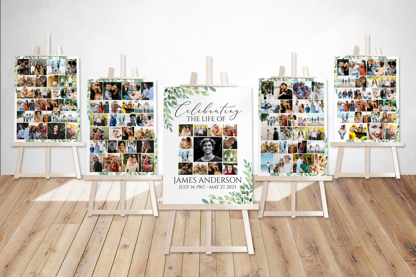 Celebration Of Life Watercolor Greenery 5 Photo Collage Funeral Welcome Sign Set Template, Greenery Watercolor Memorial Sign Funeral Poster Photo Display Set of 5