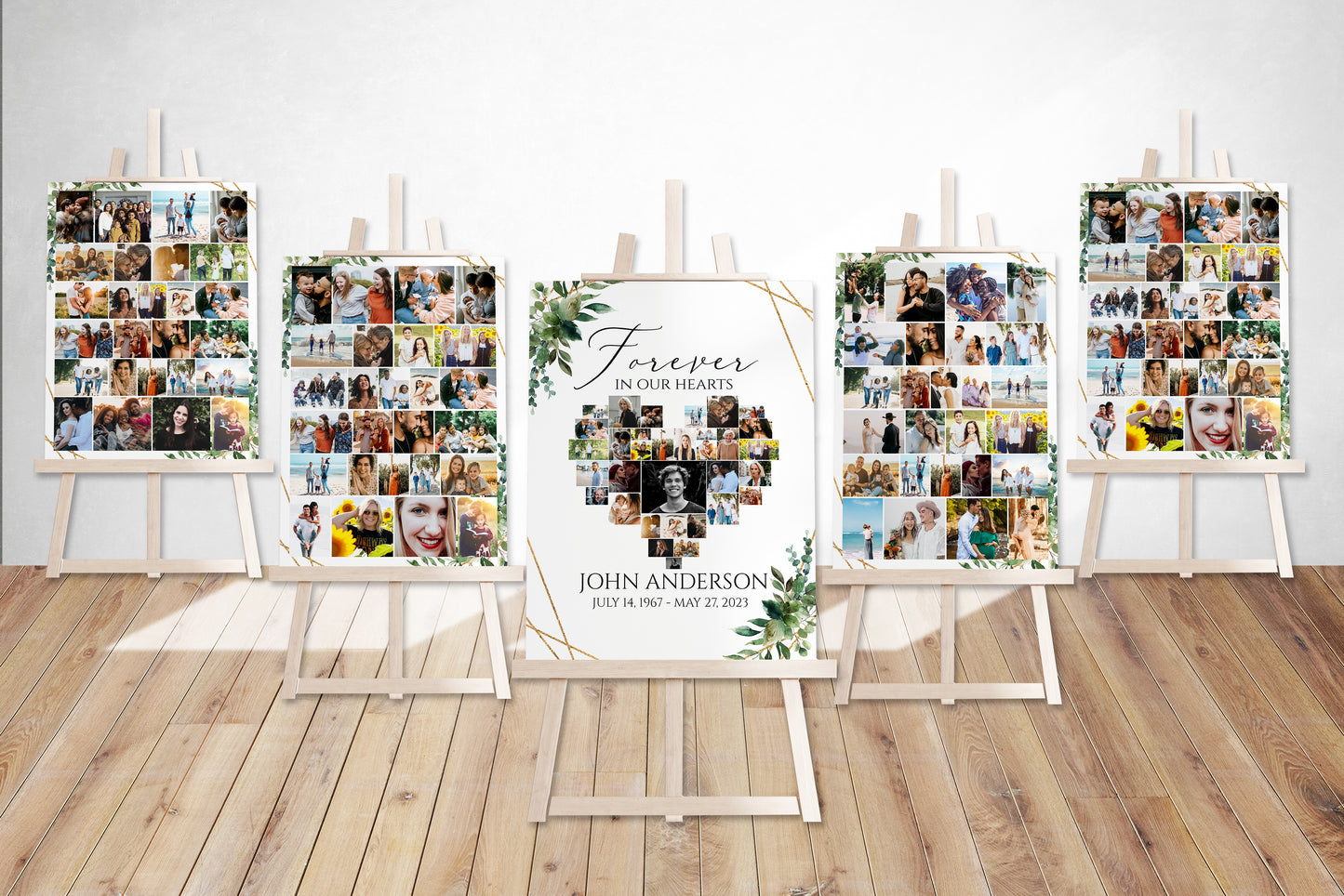 Forever in our Hearts Watercolor Greenery Gold Heart Photo Collage 5 Funeral Welcome Sign Templates, Greenery Heart Photo Collage 5 Funeral Welcome Sign Templates Q1