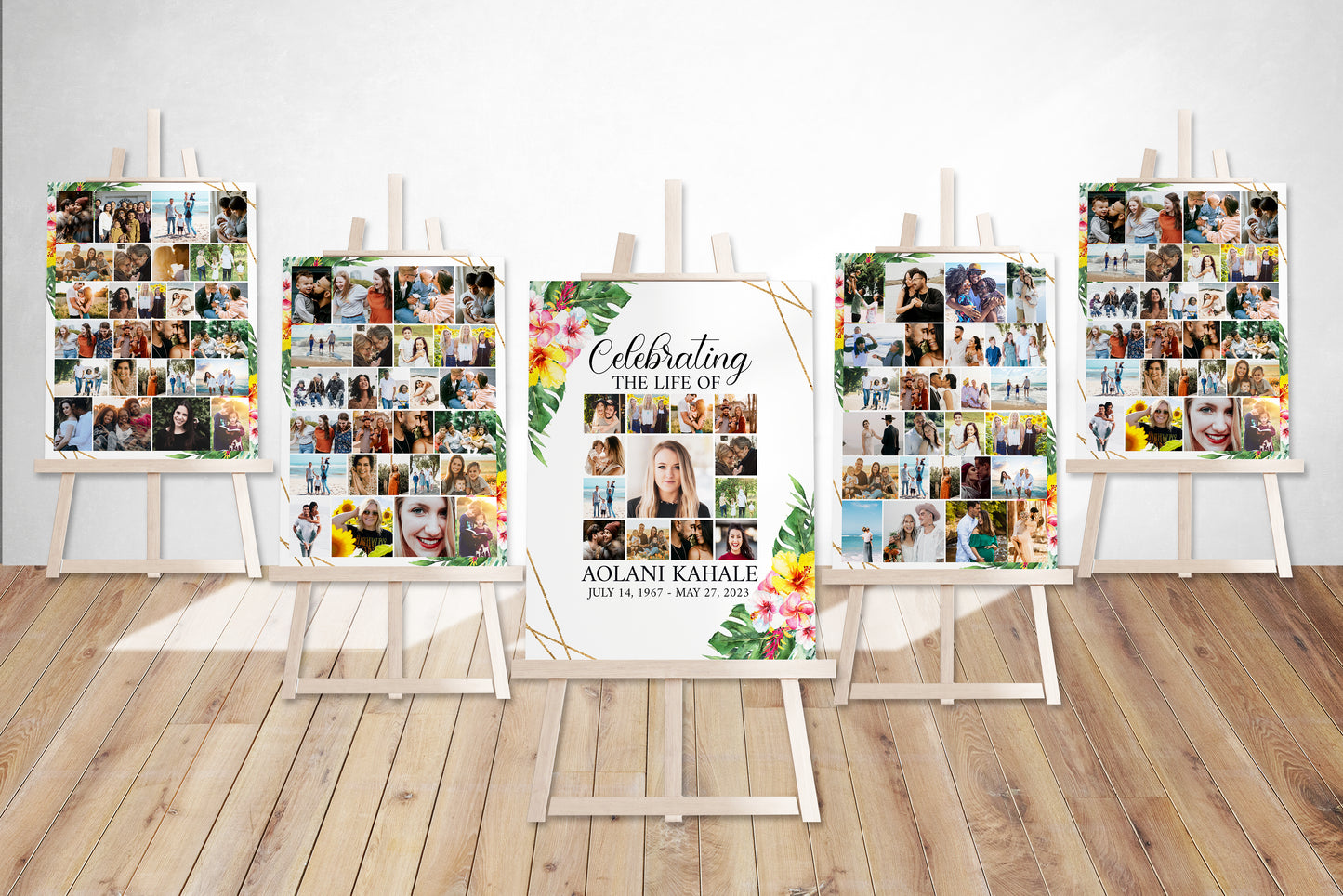 Celebration Of Life Tropical Hawaiian Plumeria 5 Photo Collage Funeral Welcome Sign Set Template, Hawaiian Memorial Sign Funeral Poster Photo Display Set of 5