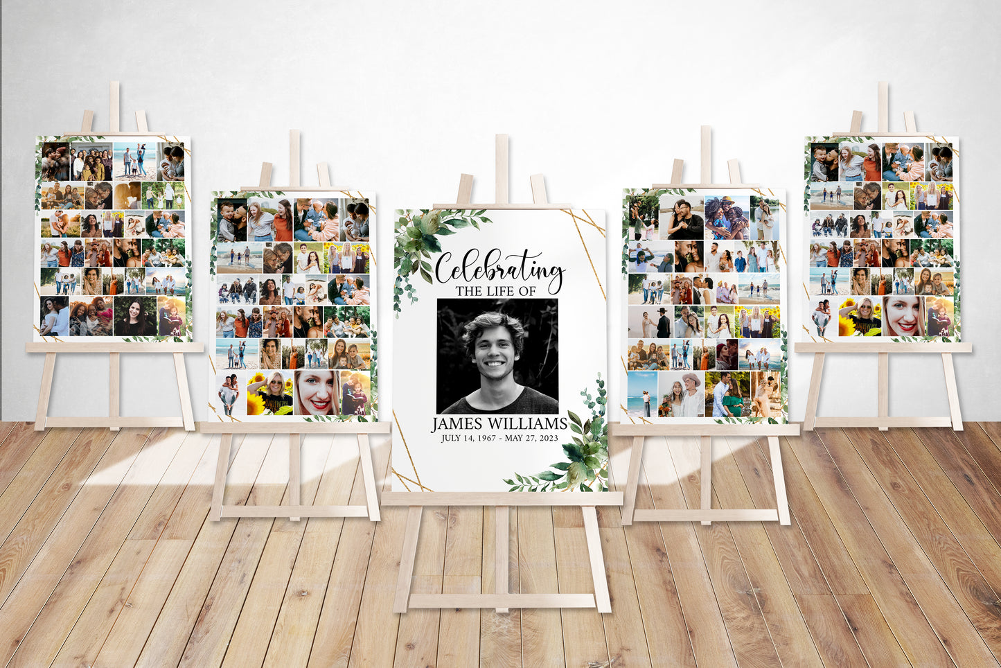 Celebration Of Life Blue Watercolor Funeral Poster, Editable 5 Photo Collage Funeral Welcome Signs, Blue Watercolor Memorial Sign Funeral Poster Photo Display Set of 5
