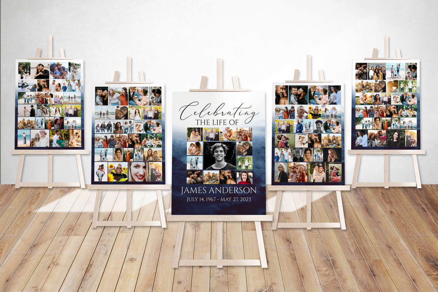 Celebration Of Life Blue Watercolor Funeral Poster, Editable 5 Photo Collage Funeral Welcome Signs, Blue Watercolor Memorial Sign Funeral Poster Photo Display Set of 5