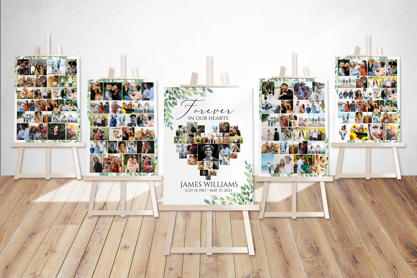 Forever in our Hearts Watercolor Greenery Heart Photo Collage 5 Funeral Welcome Sign Templates, Greenery Heart Photo Collage 5 Funeral Welcome Sign Templates Forever in our Hearts G2