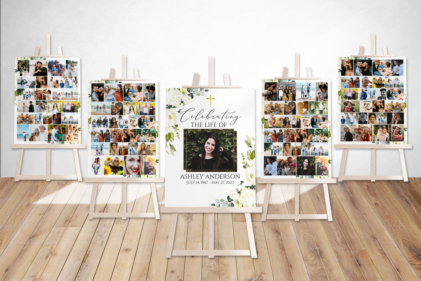 Celebration Of Life White Greenery Floral Gold Cross 5 Photo Collage Funeral Welcome Sign Set Templates, White Greenery Floral Gold Cross Photo Memorial Sign, Funeral Photo Display Set