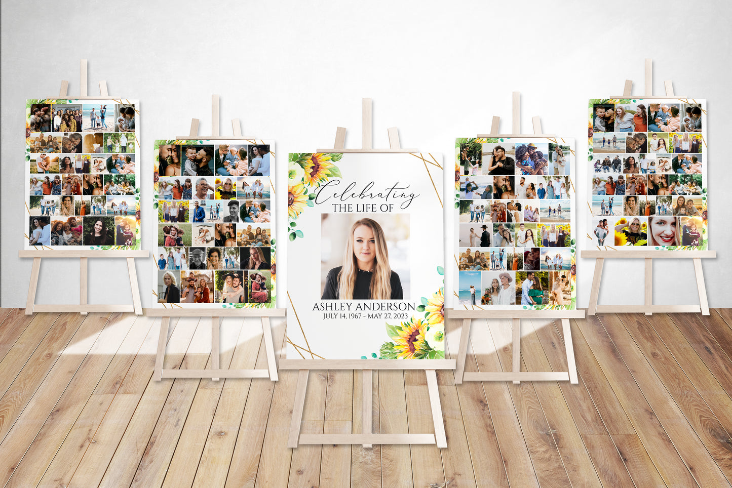 Celebration Of Life Sunflower 5 Photo Collage Funeral Welcome Sign Set Templates, Sunflower Photo Memorial Sign, Sunflower Funeral Photo Display Set