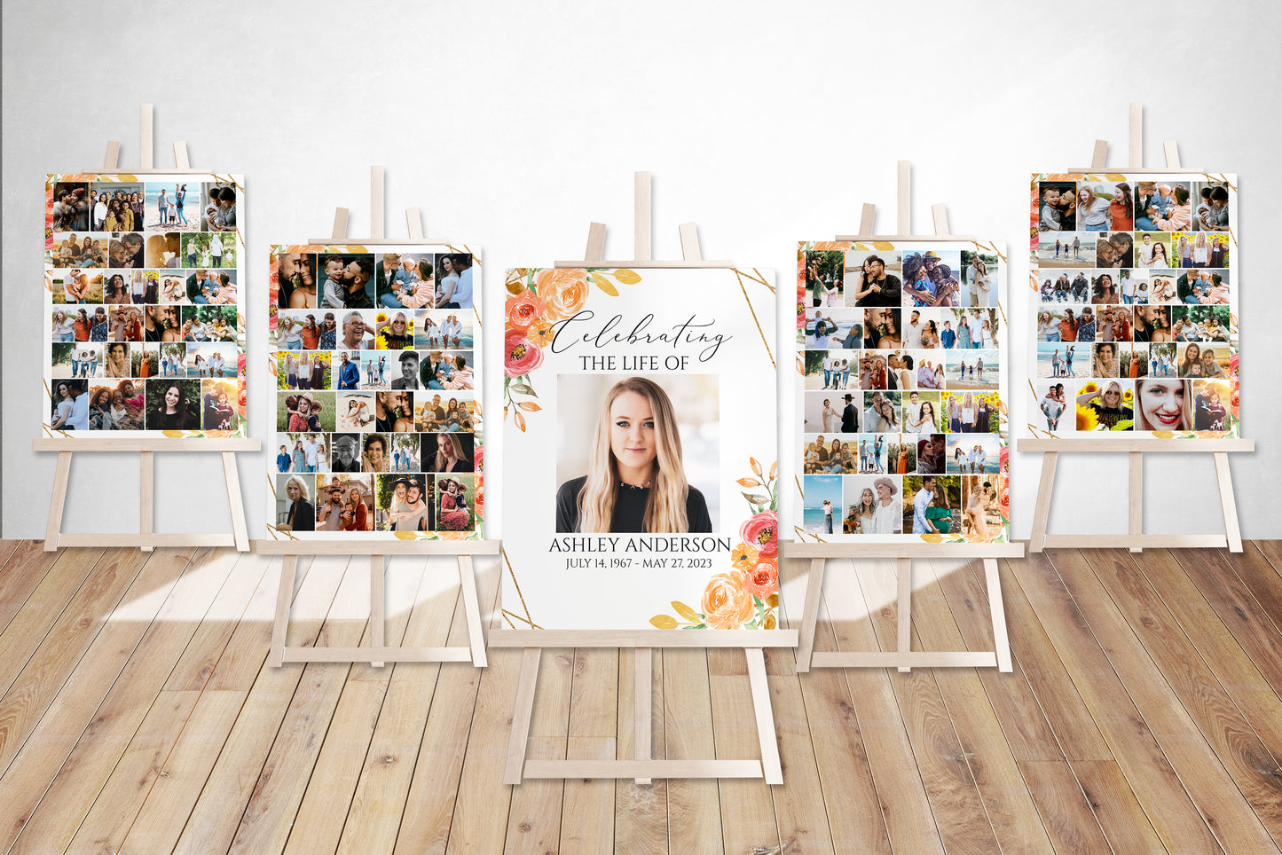 Celebration Of Life Fall Orange Floral Gold Autumn 5 Photo Collage Funeral Welcome Sign Set Templates, Fall Photo Memorial Sign, Autumn Funeral Photo Display Set