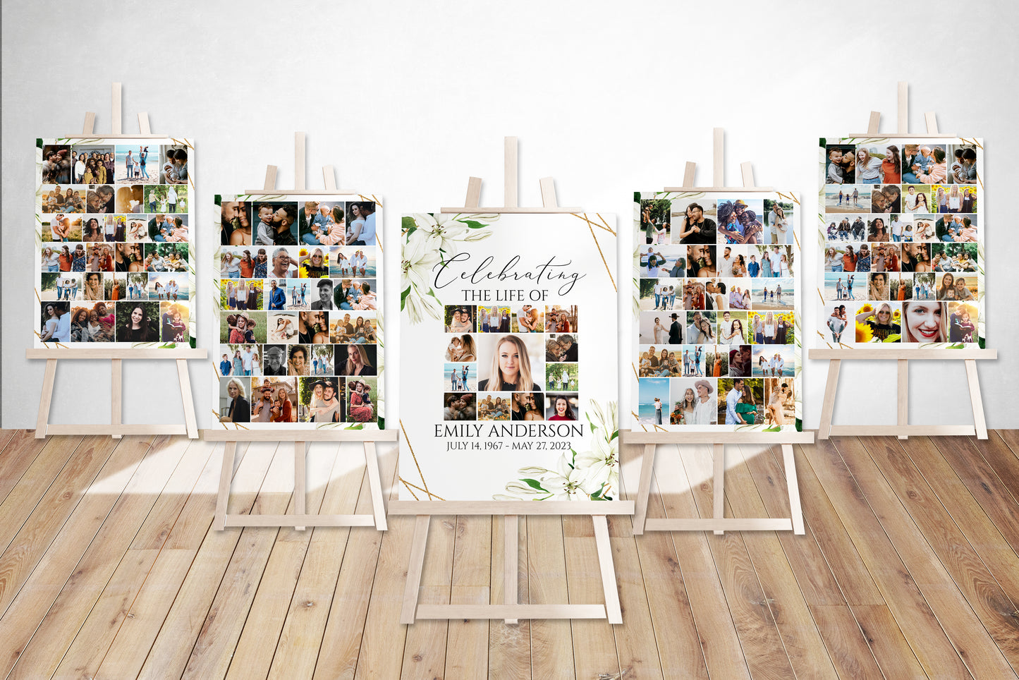 Celebration Of Life White Lilies Greenery Gold Photo Collage Funeral Welcome Sign Template, White Lilies Photo Collage Funeral Sign, White Lilies Memorial Sign