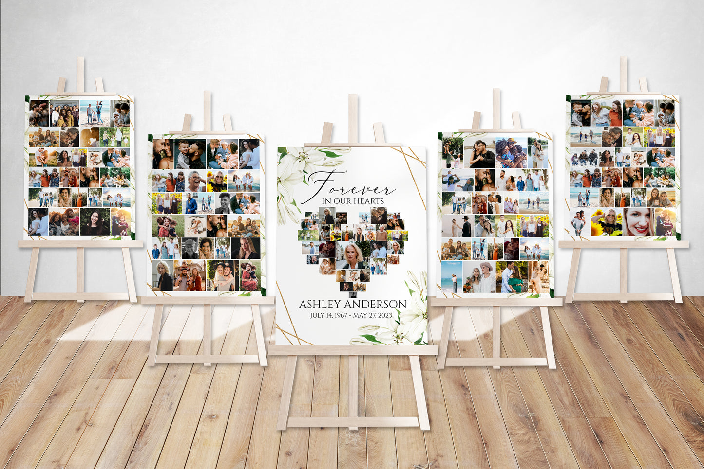 Forever in our Hearts White Lilies Greenery Gold Heart Photo Collage Funeral Welcome Sign Templates, White Lilies Heart Collage Funeral Sign, Memorial Photo Display Set