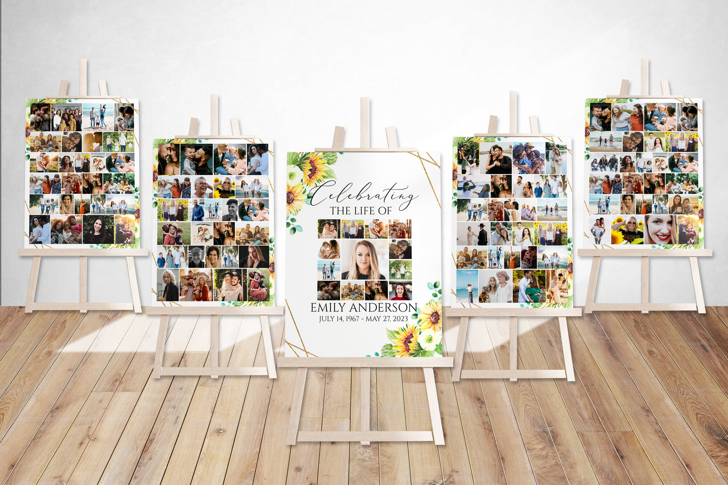 Celebration Of Life Sunflower 5 Photo Collage Funeral Welcome Sign Set Template Y1