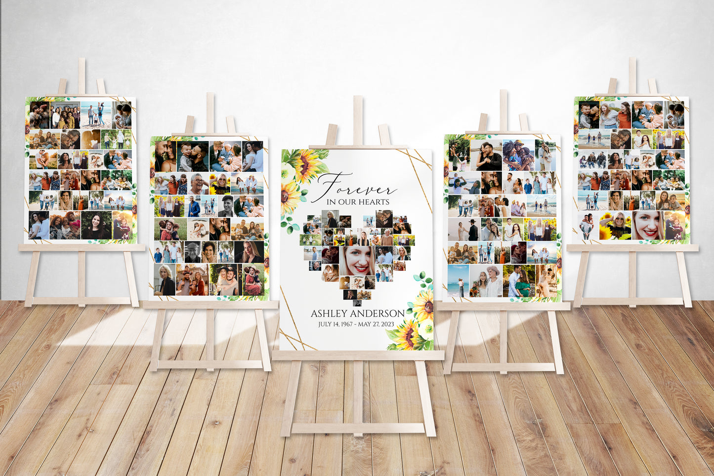 Forever in our Hearts Sunflower Gold Heart Photo Collage 5 Funeral Welcome Sign Templates, Sunflower Heart Photo Collage 5 Funeral Welcome Poster Templates