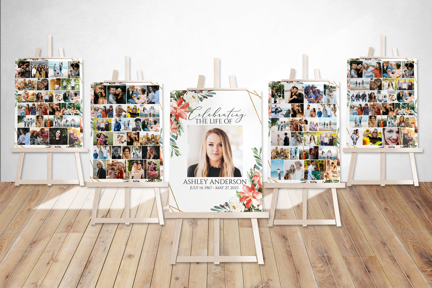 Celebration Of Life Christmas Winter Red Greenery Gold 5 Photo Collage Funeral Welcome Sign Set Templates, Winter Photo Memorial Sign, Funeral Photo Display Set