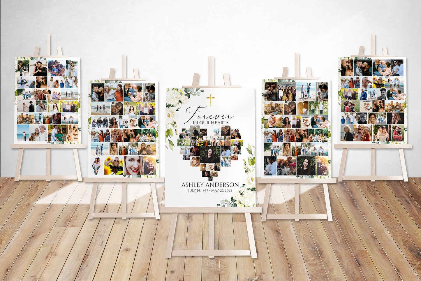 Forever in our Hearts White Greenery Floral Gold Cross Gold Heart Photo Collage 5 Funeral Welcome Sign Templates, Greenery Heart Photo Collage 5 Funeral Welcome Sign Templates