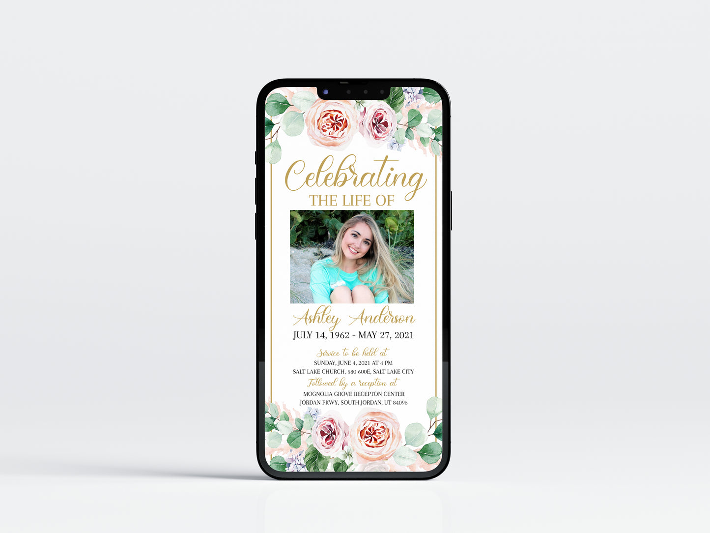 Celebration of life Digital Funeral Invitation, Blush Pink Roses Funeral Evite, Electronic Funeral Invite, Digital Memorial Invitation F1