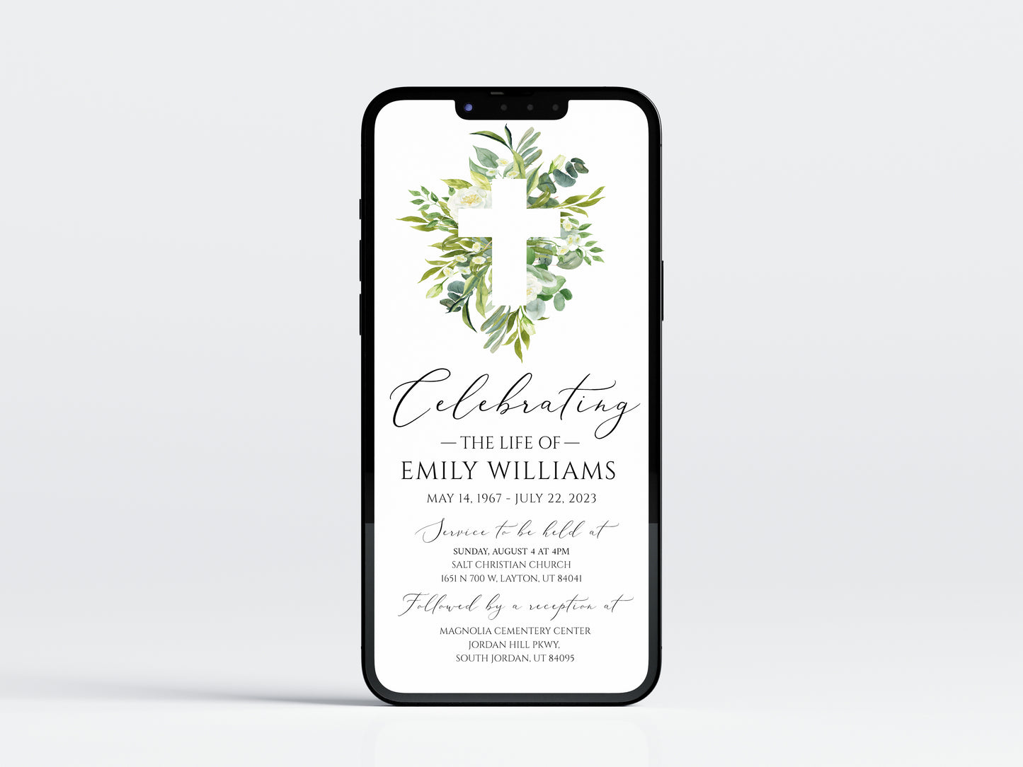 Celebration of life Watercolor Greenery Cross Digital Funeral Invitation Template, Greenery Cross Funeral Announcement, Memorial Evite, Greenery Electronic Funeral