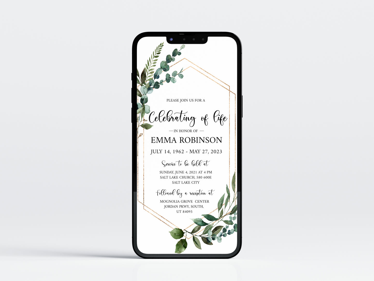 Celebration of life Watercolor Greenery Gold Digital Funeral Invitation Template, Funeral Announcement Electronic Funeral Invite Memorial Service Evite Q1