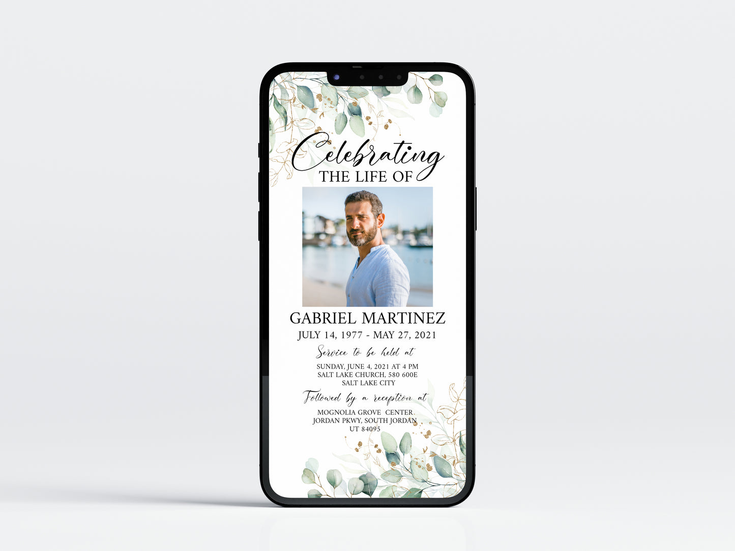 Greenery Funeral Announcement, Greenery Memorial Evite, Electronic Funeral Invite Celebration of life Watercolor Greenery Gold Digital Funeral Invitation TemplateG1
