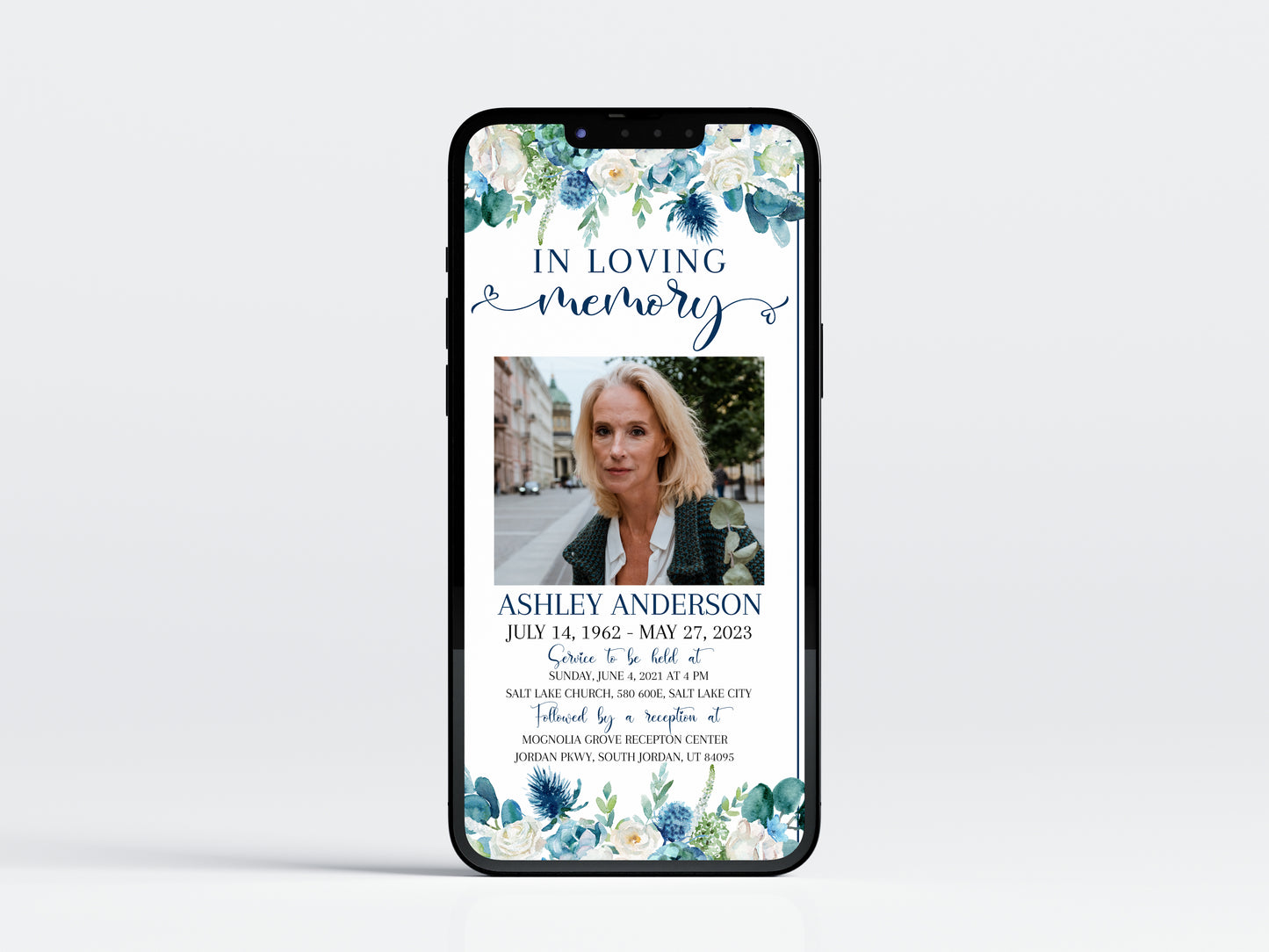 In Loving Memory Blue White Floral Digital Funeral Invitation Template , Blue Digital Funeral Invitation, Blue White Floral Electronic Funeral Invite Template, Blue Memorial Evite B1