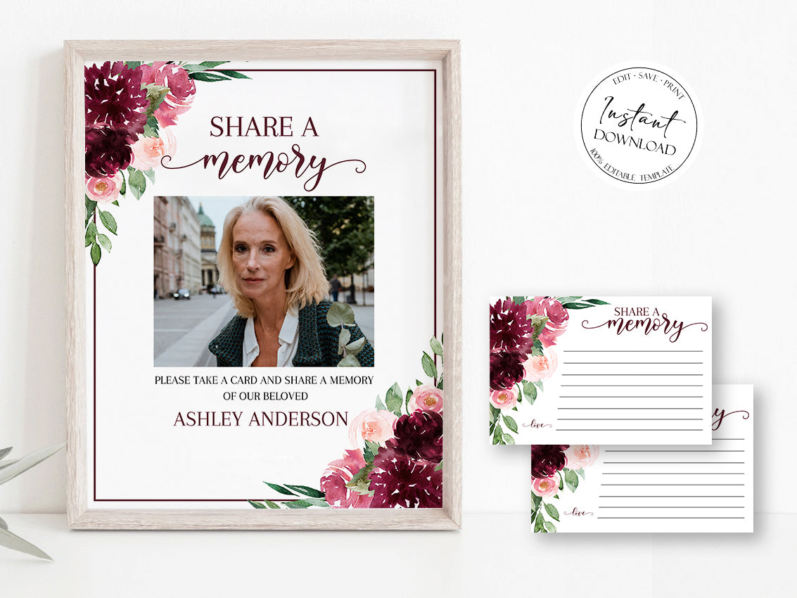 Red Roses Share a Memory Funeral Sign, Share a Memory Card, Red Roses Funeral Memory Card, Editable Funeral Share a Memory Cards Template R3