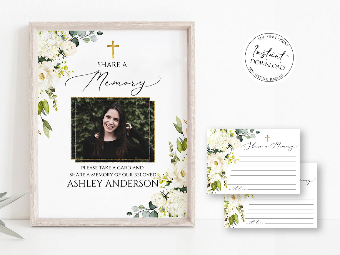 White Greenery Floral Gold Cross Share a Memory Funeral Sign and Share a Memory Card Template, Editable Gold Cross Funeral share a memory, Instant Download