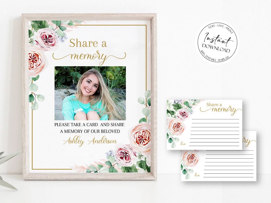 Blush Pink Roses Greenery Share a Memory Funeral Sign Share a Memory Card Template F1