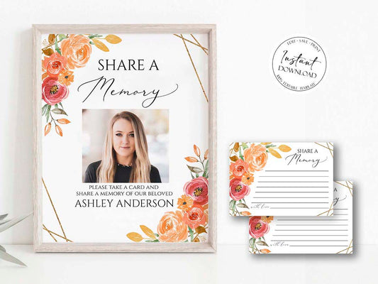 Orange Floral Gold Fall Share a Memory Funeral Sign and Share a Memory Card Template, Fall Funeral Memory Card,  Autumn Funeral share a memory Fall Funeral