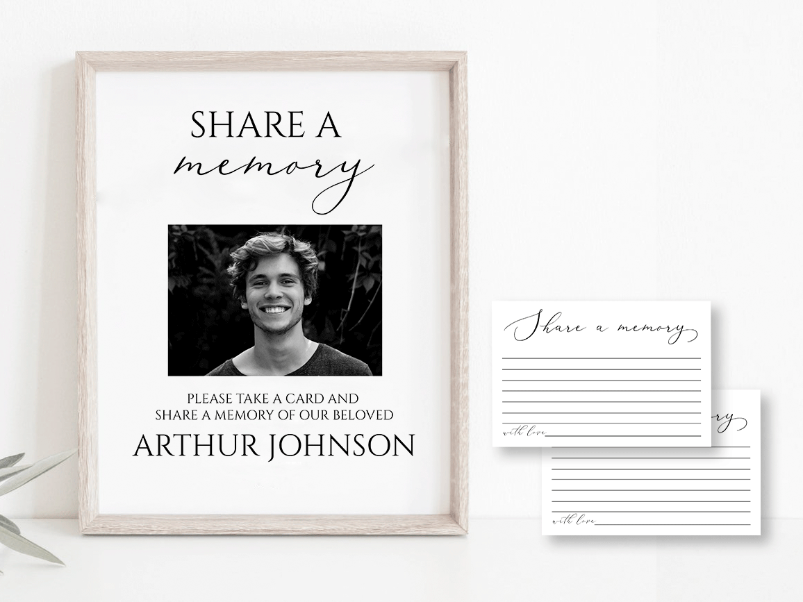 Share a Memory Funeral Sign and Share a Memory Card, Greenery Funeral Memory Card, Editable Funeral share a memory template, Funeral Announcement S1
