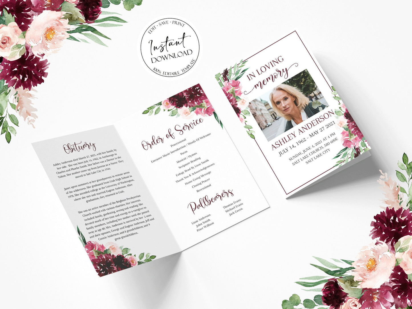 Celebration of life Burgundy Funeral Program Template, Red Roses Funeral Program Template, Red Floral Memorial Program, Obituary Program R3