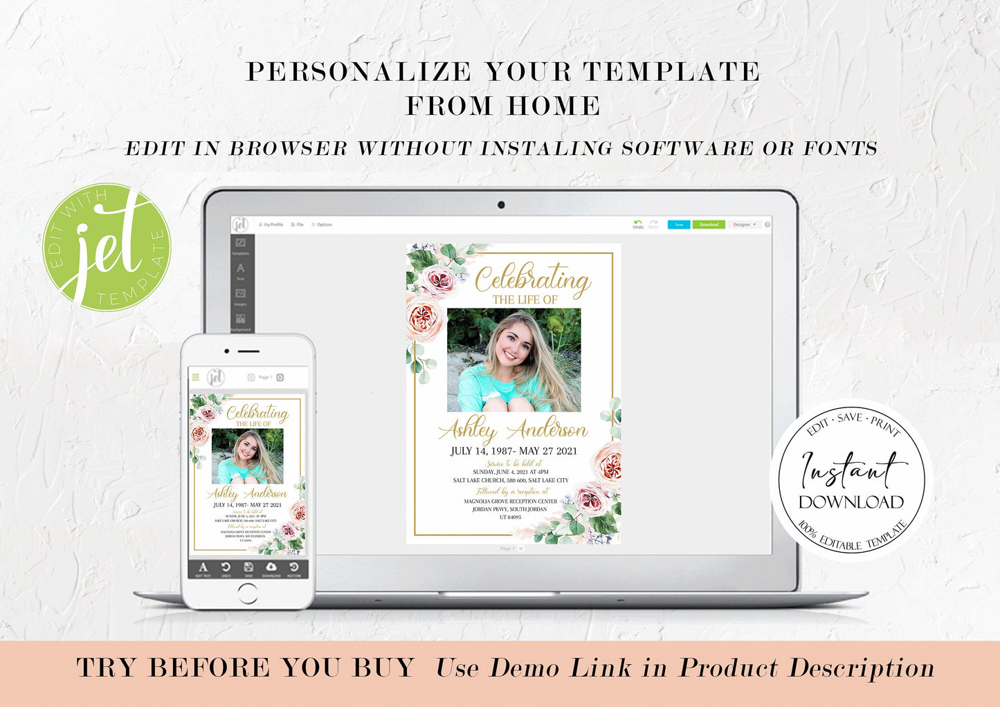 Celebration of life Funeral Invitation, Floral Funeral Invite, Pink Roses Funeral Announcement Funeral Card Printable Memorial Invitation F1