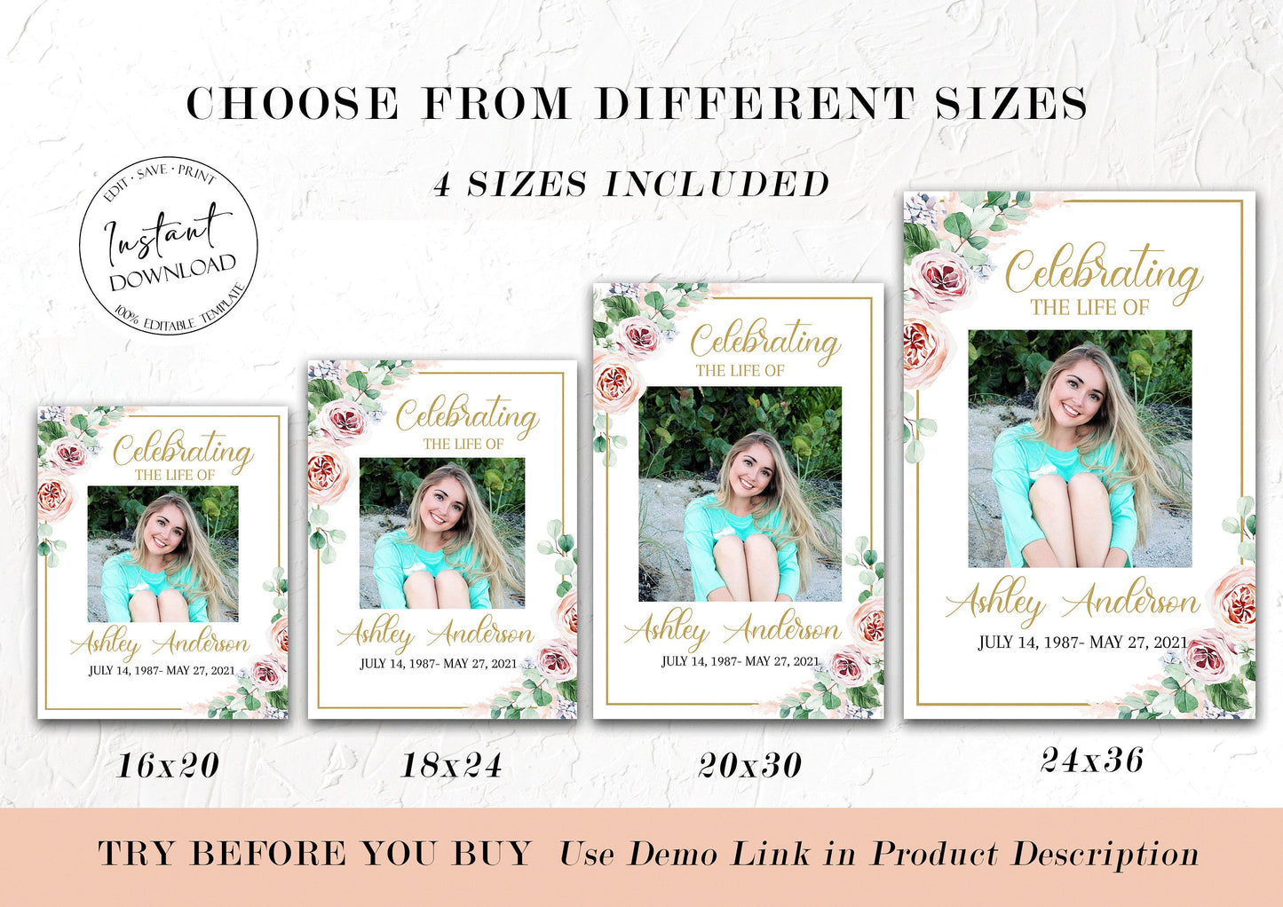Celebration Of Life Blush Pink Roses Greenery Funeral Welcome Sign Template F1