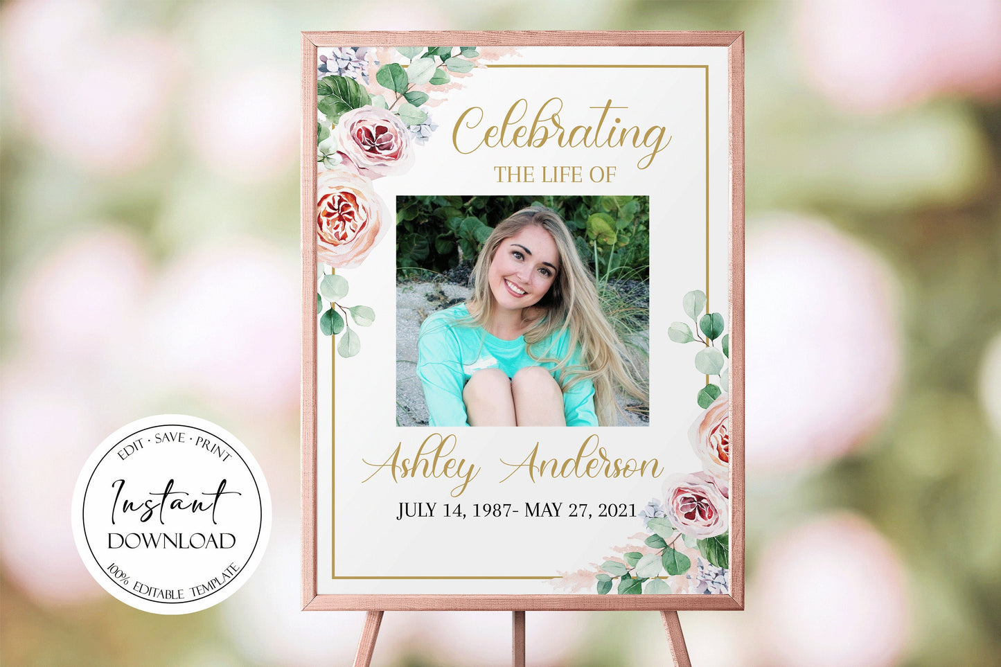 Celebration Of Life Blush Pink Roses Greenery Funeral Welcome Sign Template F1