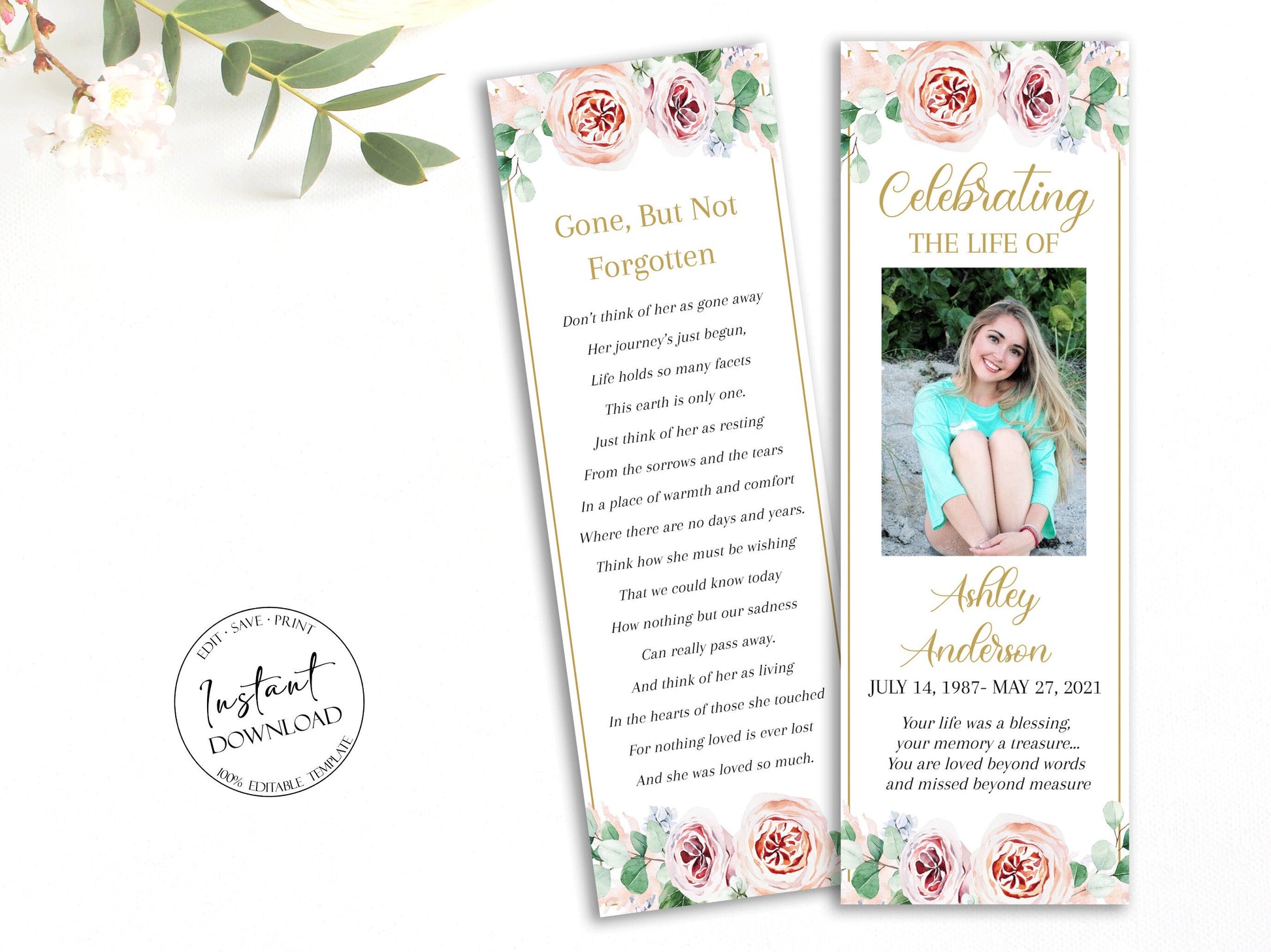 Blush Pink Roses Greenery Funeral Bookmark Template, Celebration of Life Bookmark, Funeral Keepsake Cards, Floral Pink Roses Greenery Memorial Bookmark, Obituary Bookmark F1