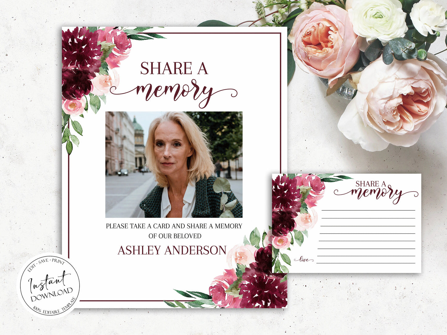 Red Roses Share a Memory Funeral Sign, Share a Memory Card, Red Roses Funeral Memory Card, Editable Funeral Share a Memory Cards Template R3