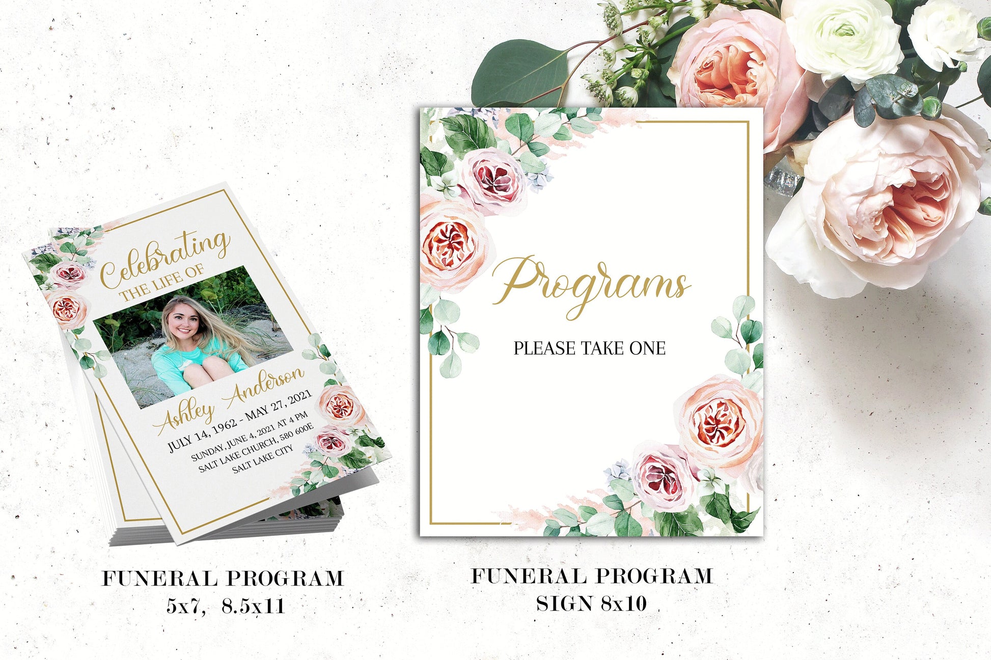 Editable Blush Pink Roses Greenery Funeral Bundle, Memorial Package, Celebration of Life Invitation Package, In Loving Memory Suite, Pink Roses Funeral Set F1