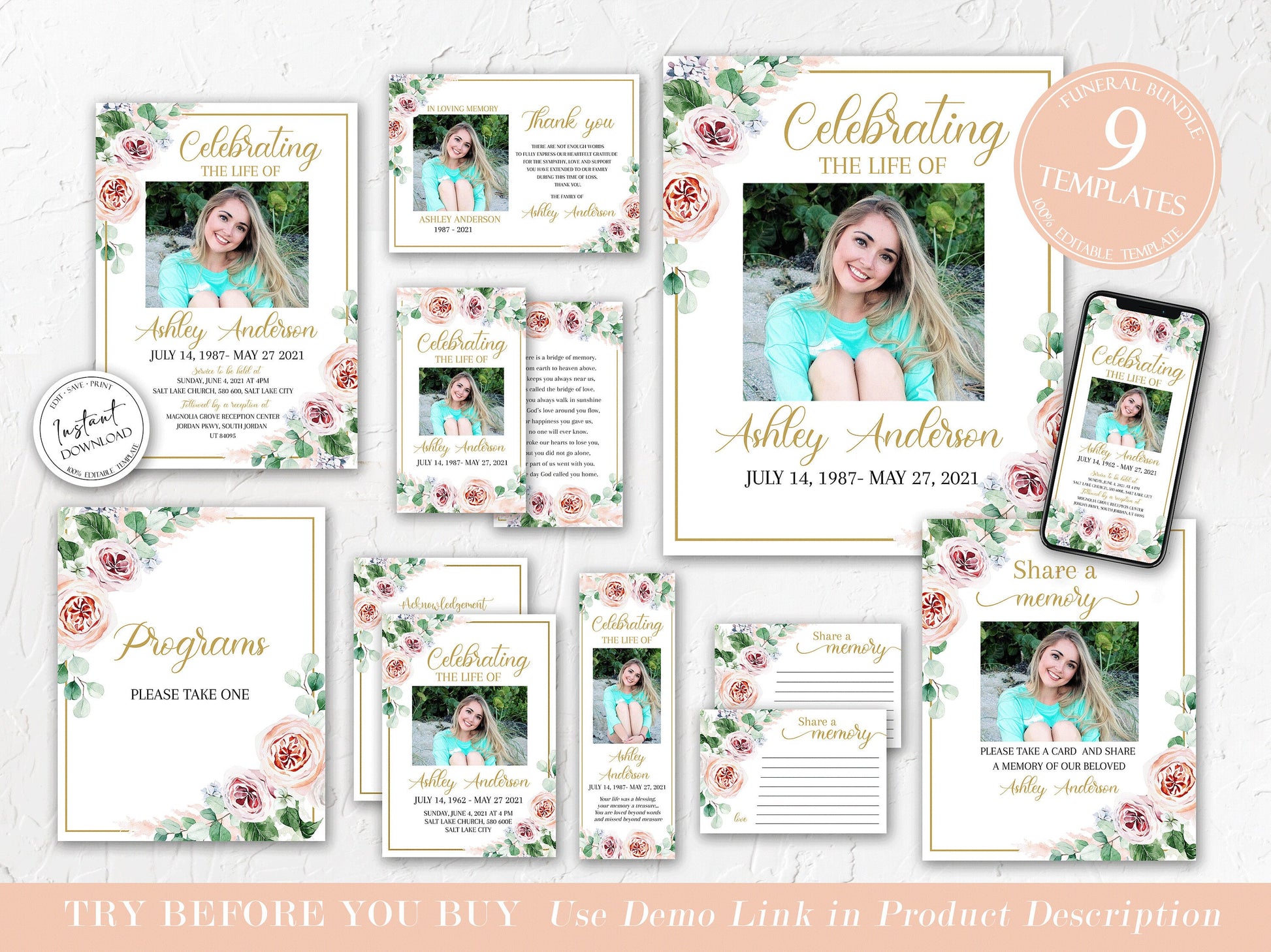 Editable Blush Pink Roses Greenery Funeral Bundle, Memorial Package, Celebration of Life Invitation Package, In Loving Memory Suite, Pink Roses Funeral Set F1