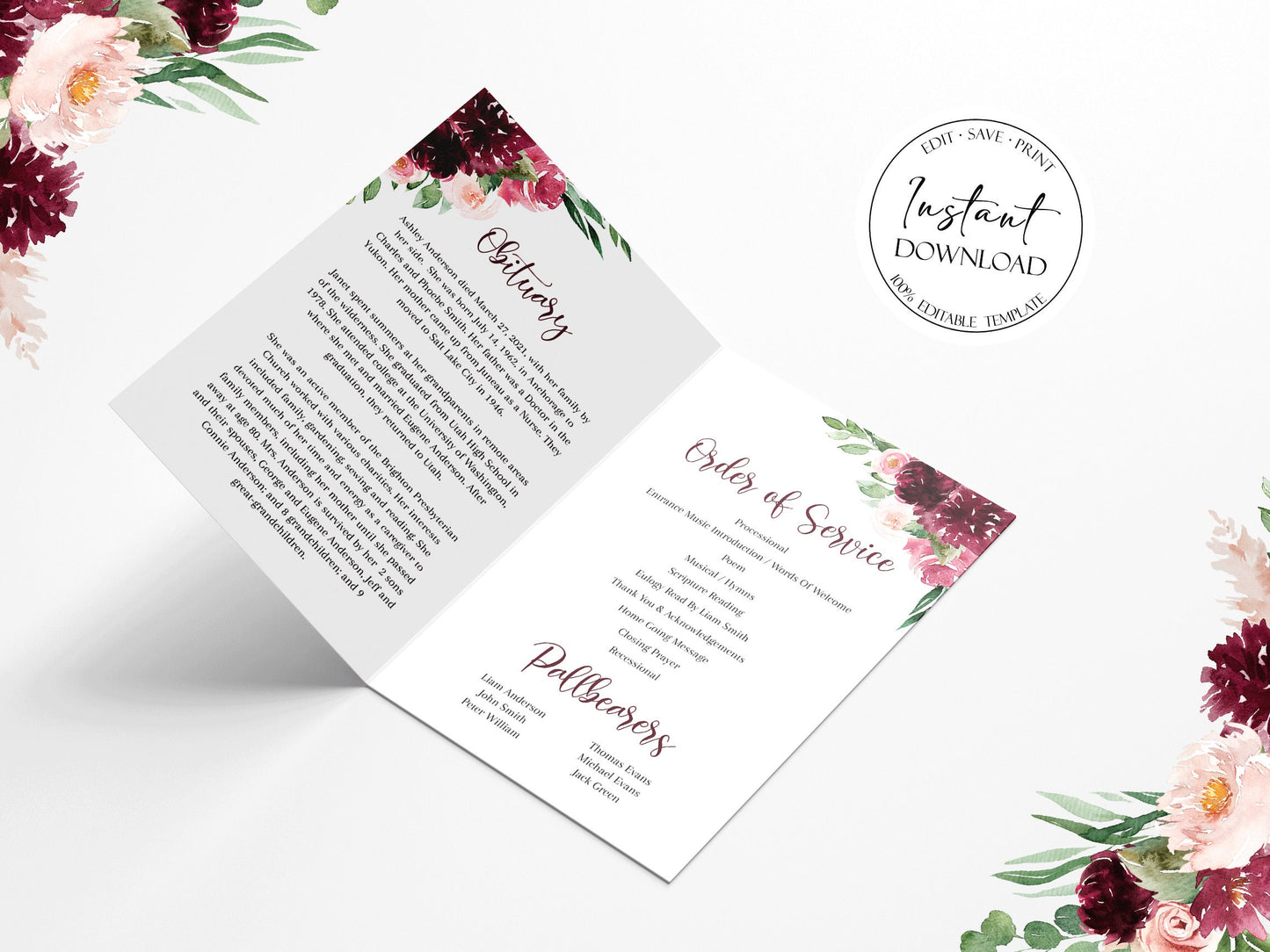 Celebration of life Burgundy Funeral Program Template, Red Roses Funeral Program Template, Red Floral Memorial Program, Obituary Program R3
