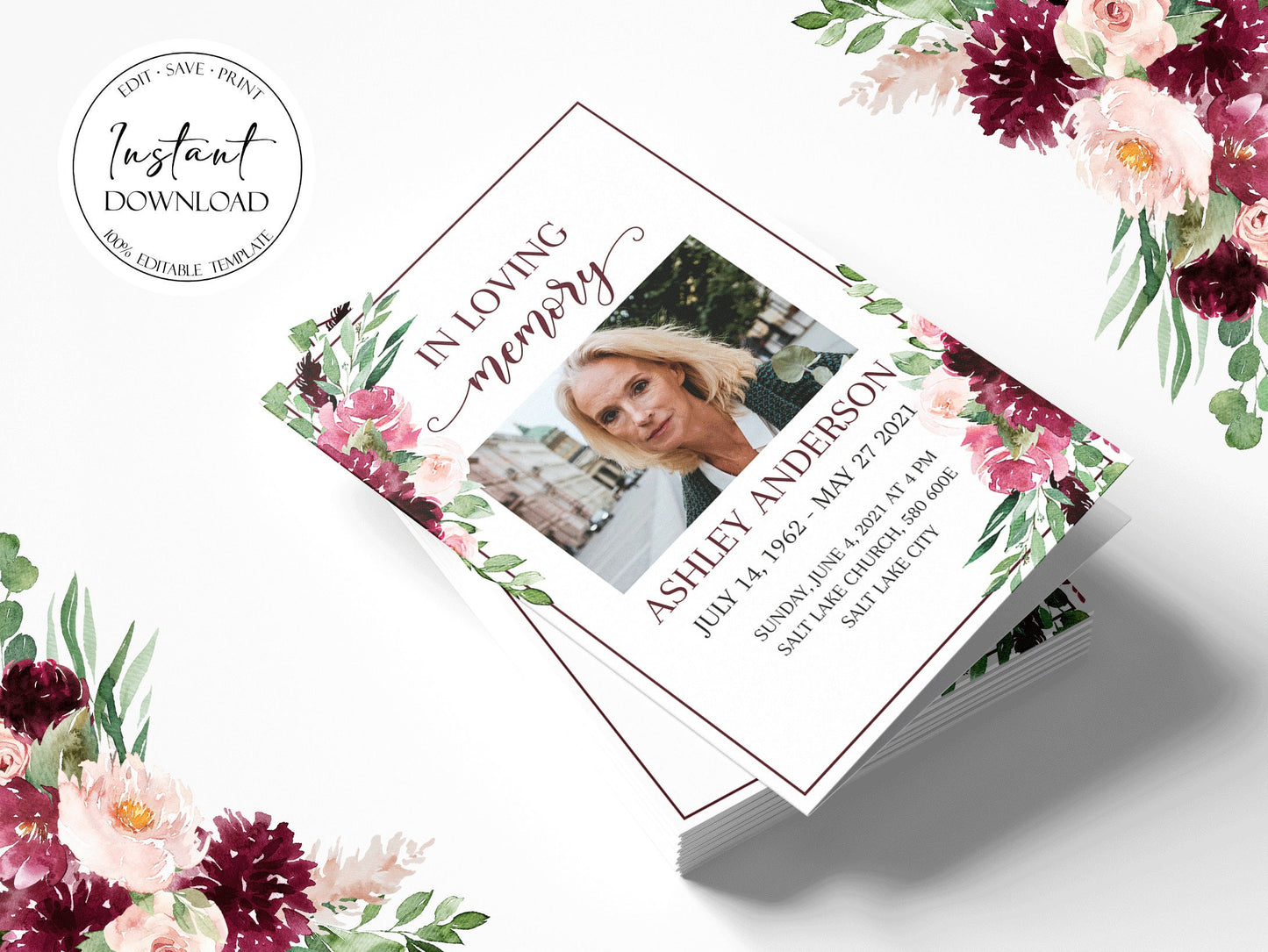 Celebration of life Burgundy Funeral Program Template, Red Roses Funeral Program Template, Red Floral Memorial Program, Obituary Program R3