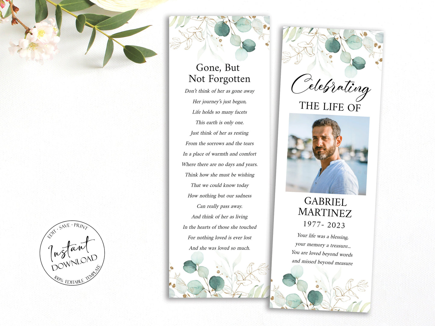 Celebration of Life Watercolor Greenery Gold Funeral Bookmark Template, Funeral Keepsake Cards, Greenery Memorial Bookmark, Obituary Bookmark G1