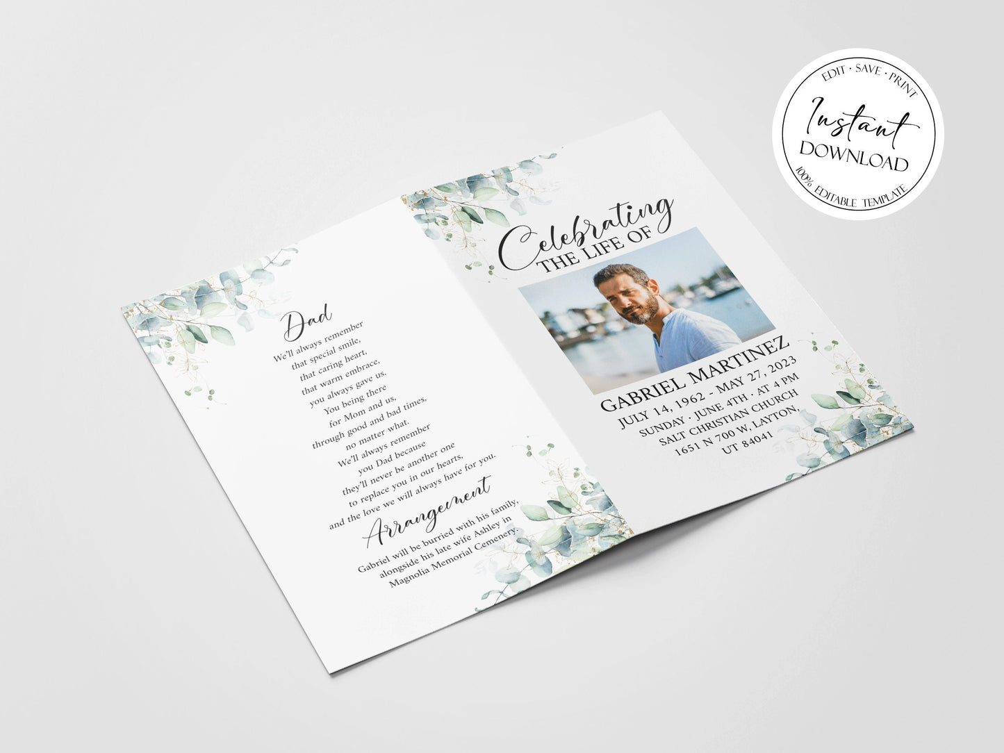 Celebration of Life Watercolor Greenery Gold Funeral Program Template. Funeral Brochure, Editable Greenery Memorial Program, Greenery Obituary Program G1
