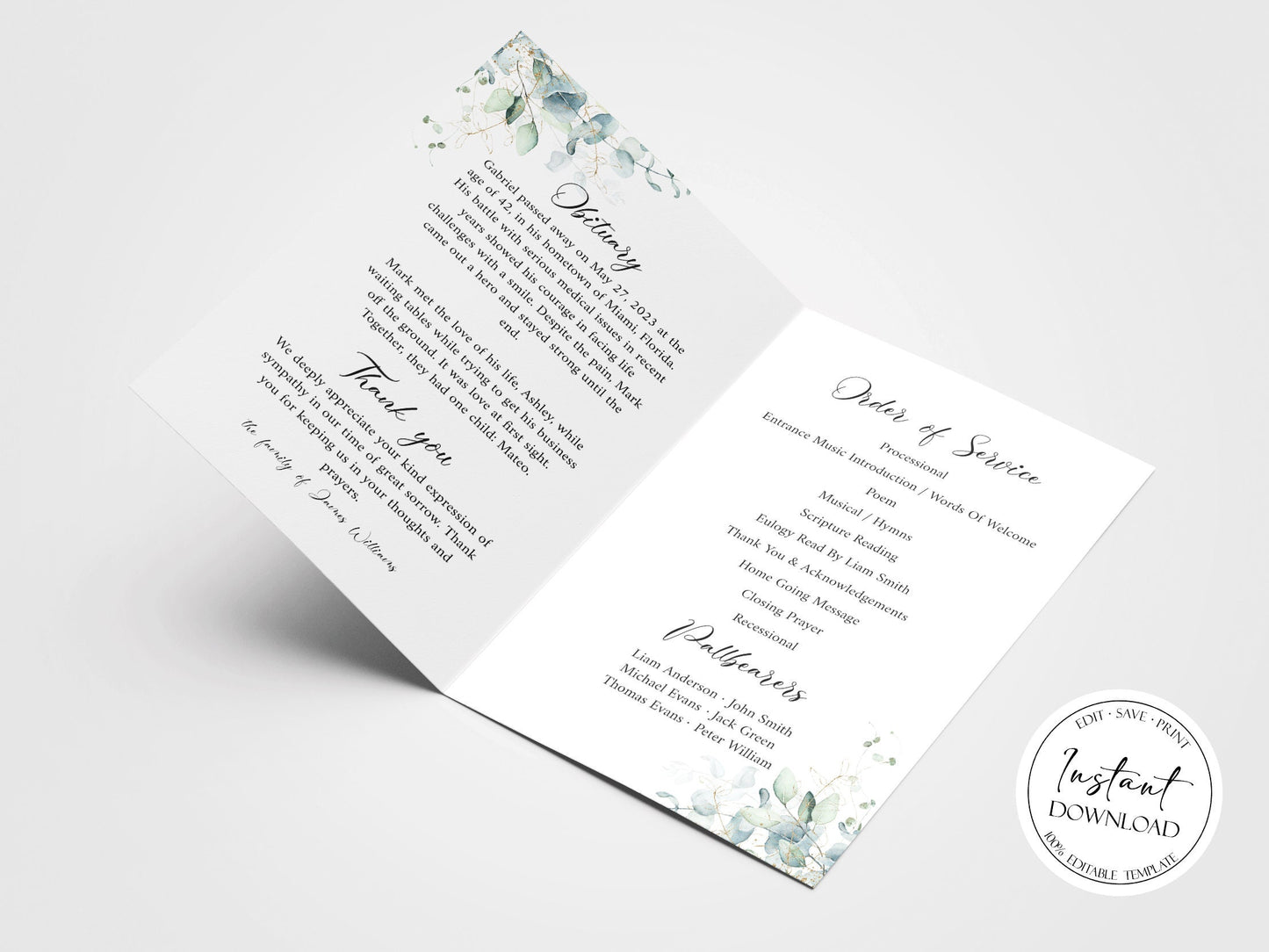 Celebration of Life Watercolor Greenery Gold Funeral Program Template. Funeral Brochure, Editable Greenery Memorial Program, Greenery Obituary Program G1
