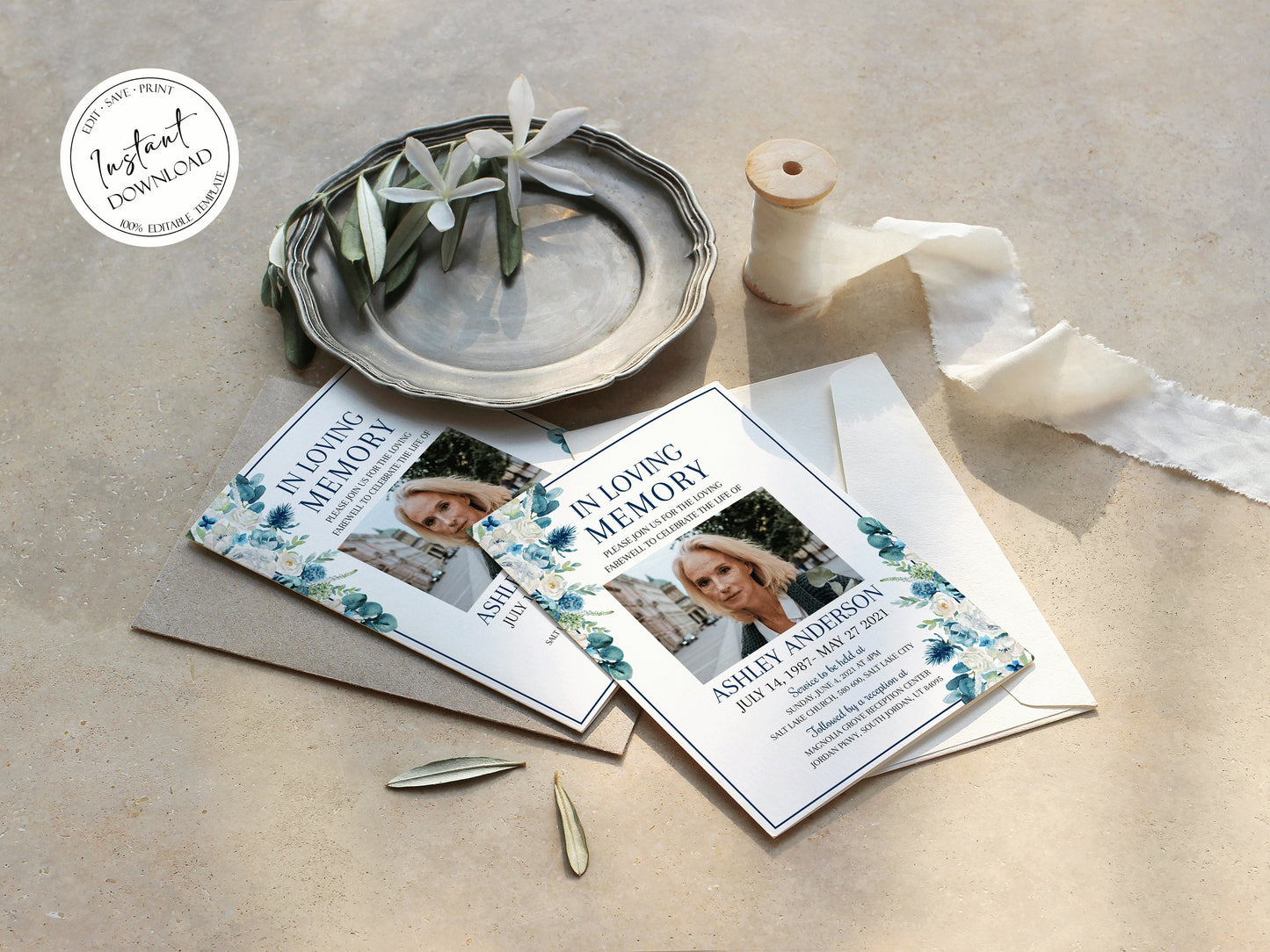 In Loving Memory Blue White Floral Funeral Invitation Template Blue Floral Funeral Announcement, Blue Funeral Card Template, Printable Memorial Service B1